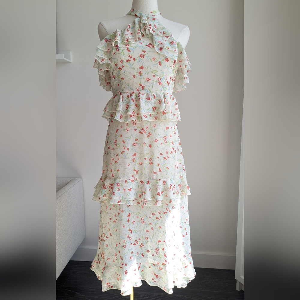 UO Floral Chiffon Ruffle Midi Dress
